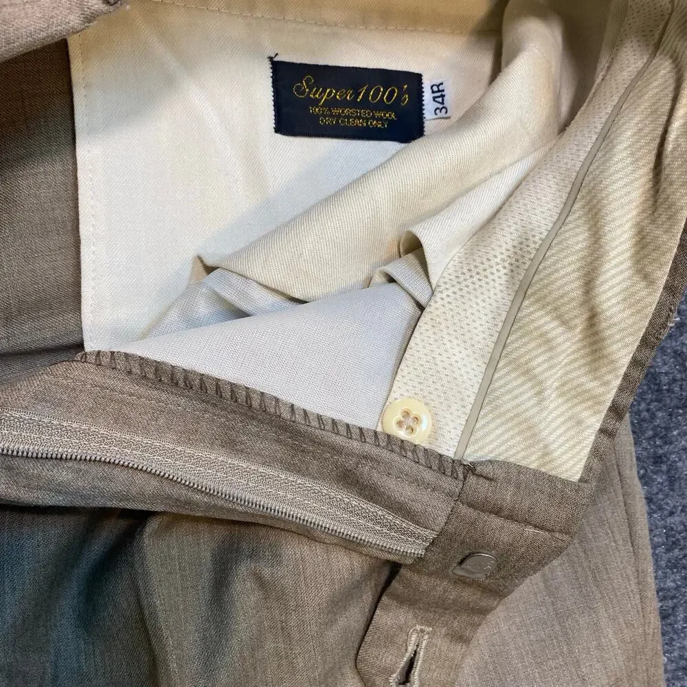 Vintage Berle for Nordstrom Mens 34R Regular Worsted Wool Khaki Pants Super 100s
